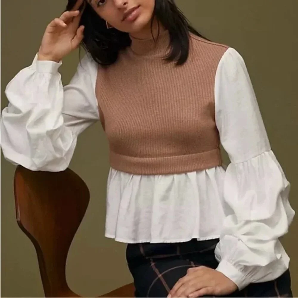 Anthropologie Tan White‎ Ribbed Puff Long Sleeve Top